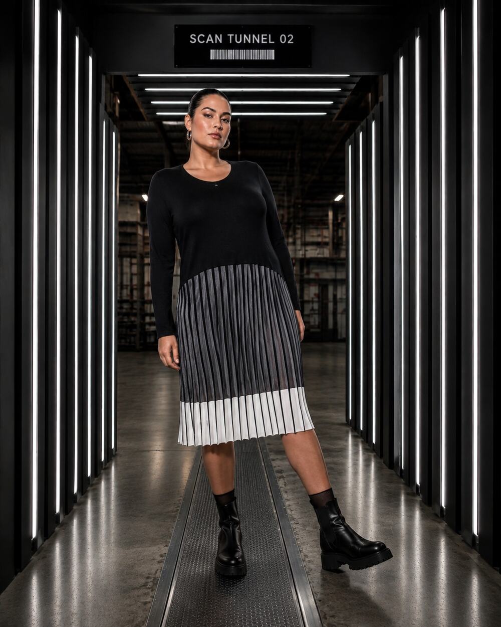 Calvin Klein Colorblock Pleated Sweater Dress Black Gray 1X